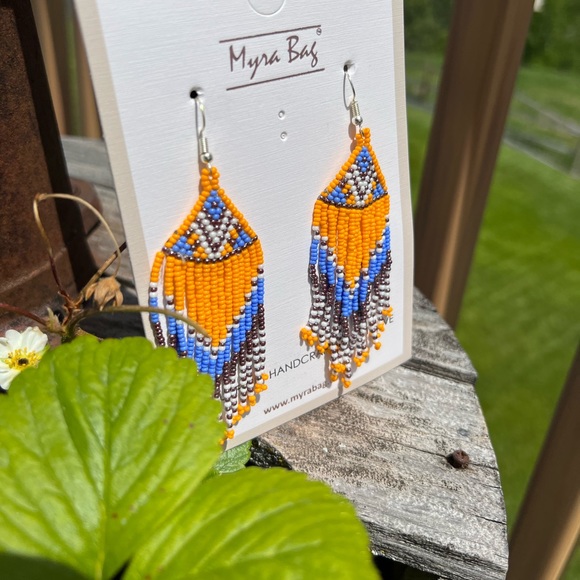 Hand Beaded Boho tassel boho western tribal earrings blue orange gold jewelry - Picture 3 of 3